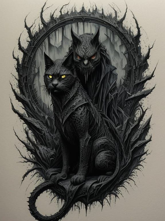 Creepy Cat and Dragon in Mist: Dark Fantasy Art
