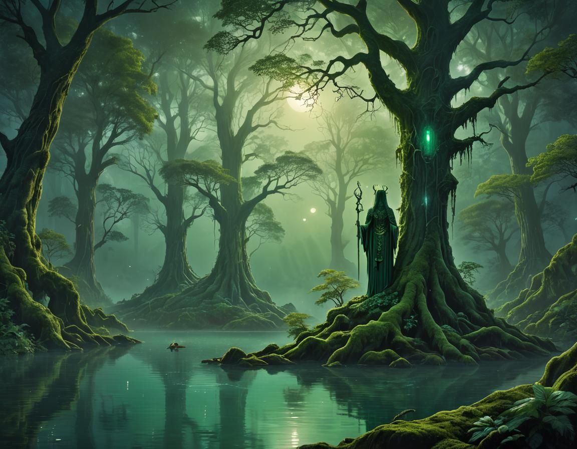 Emerald Goddess in Moonlight: A Fantasy Painting