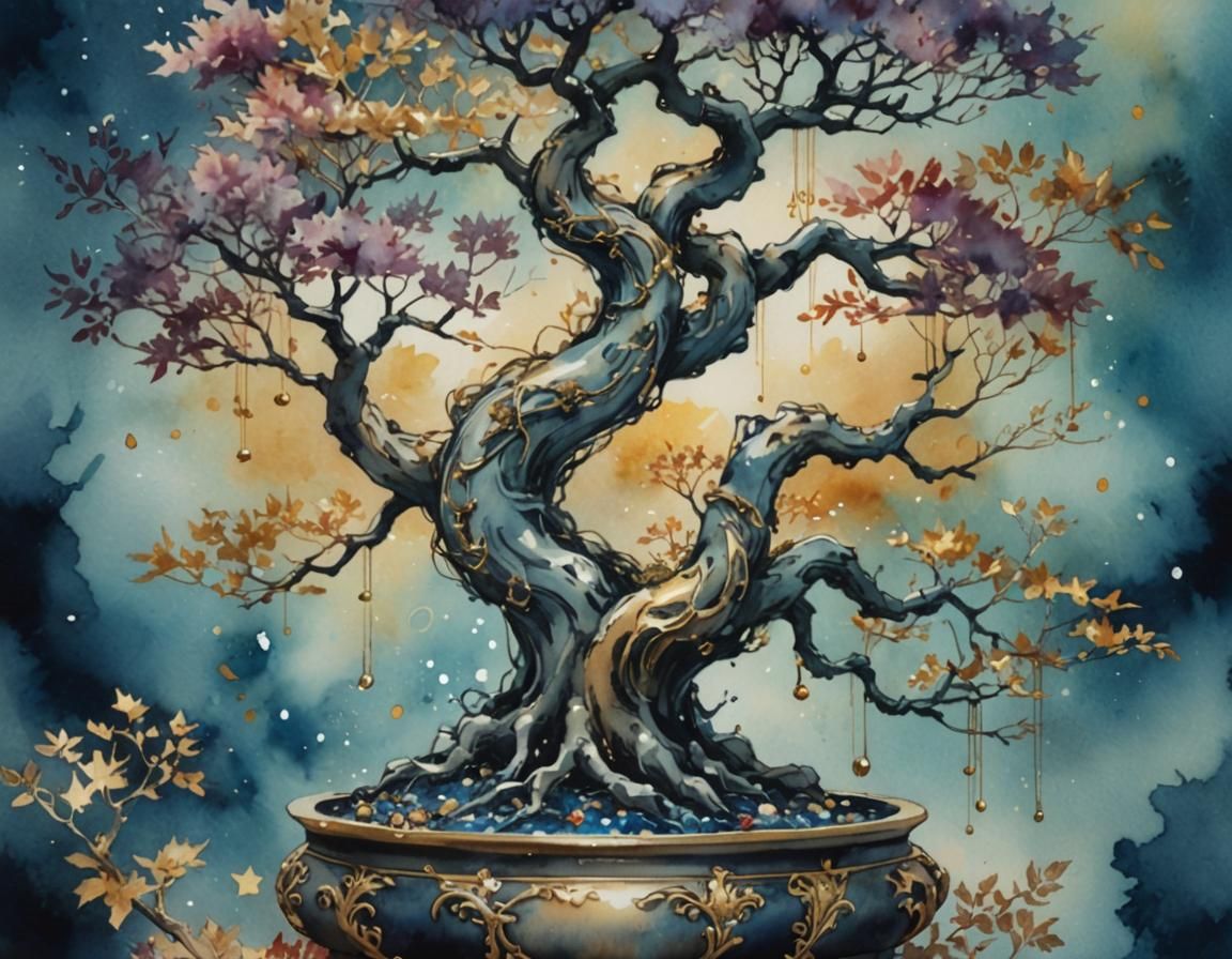 Ethereal Jewelry Bonsai in Watercolor Style