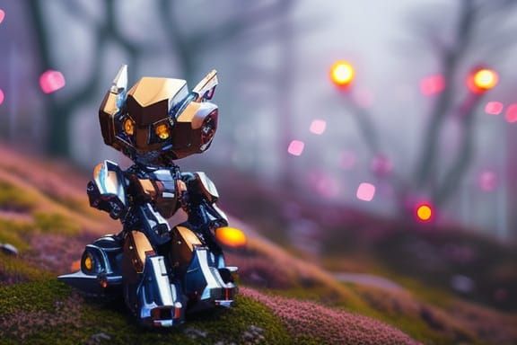 Golden Kawaii Cyborg in Snowy Landscape