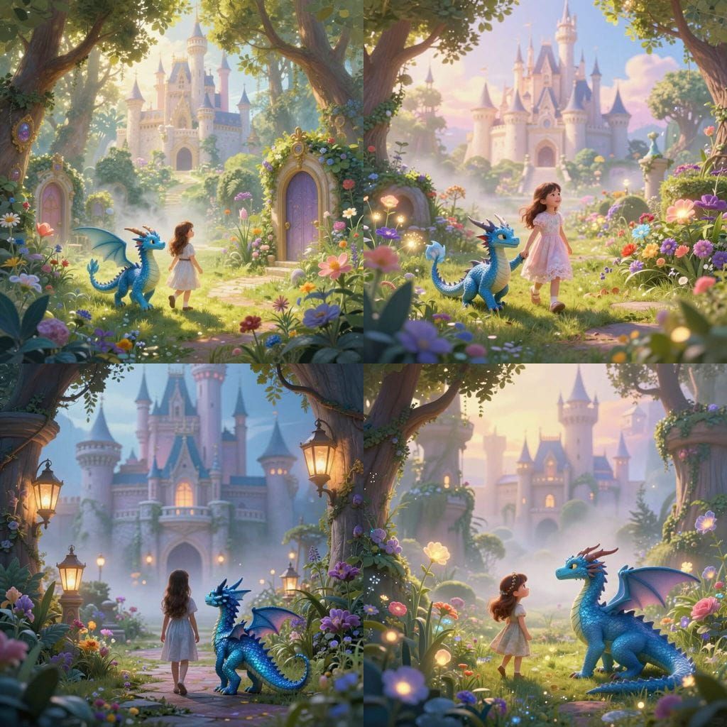 Girl and Blue Dragon in Enchanted Castle Garden