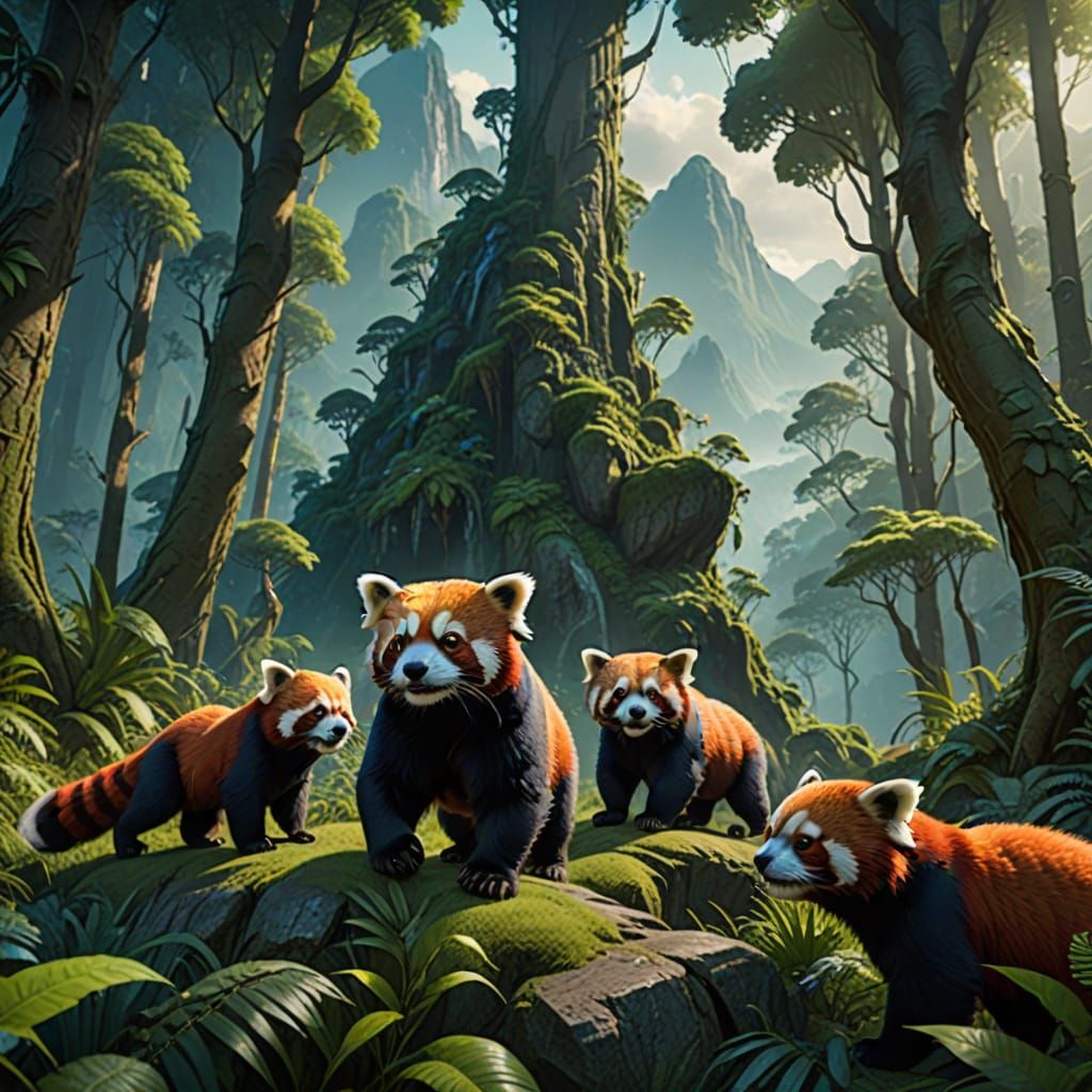 Red Pandas Explore Lush Forest in Detailed Matte Painting