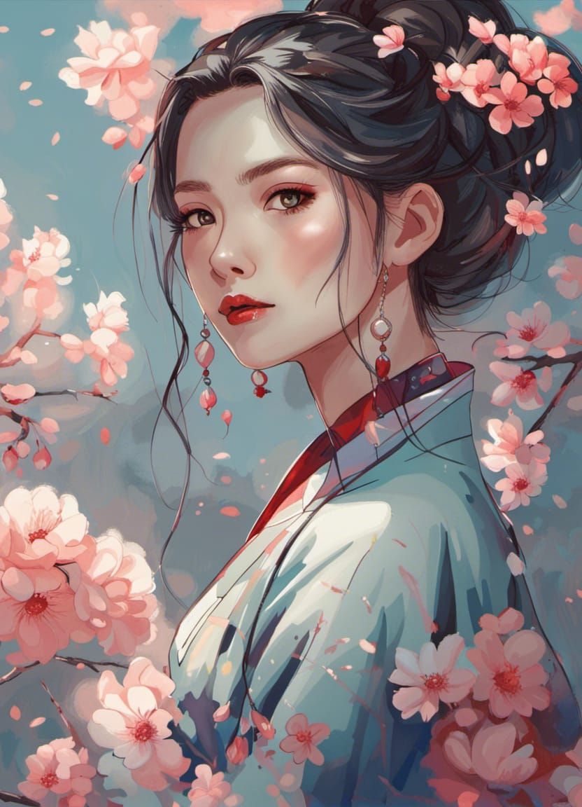 Beautiful Korean Woman in Hanbok with Flowers