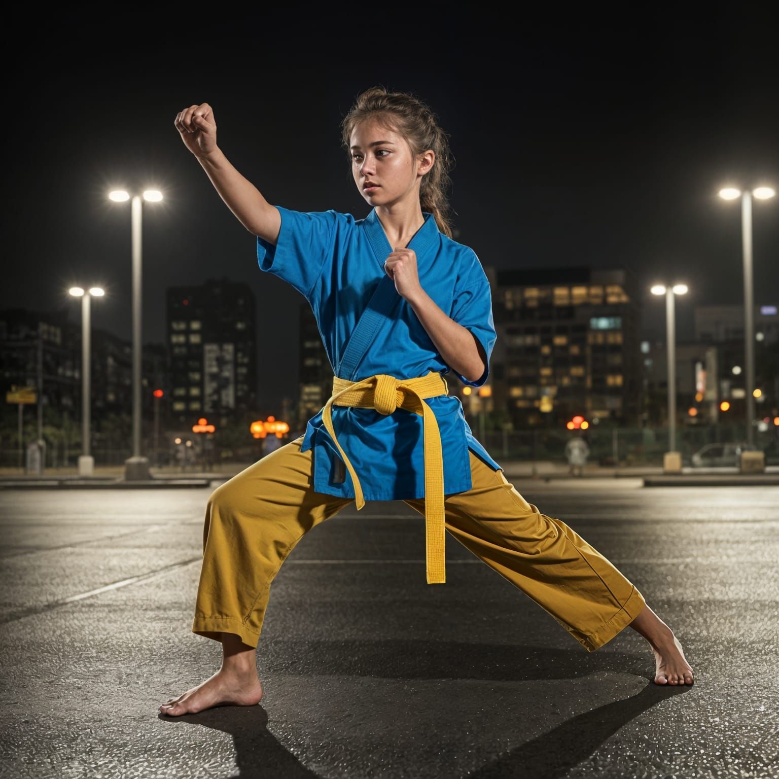 Girl Practicing Karate Moves at Night