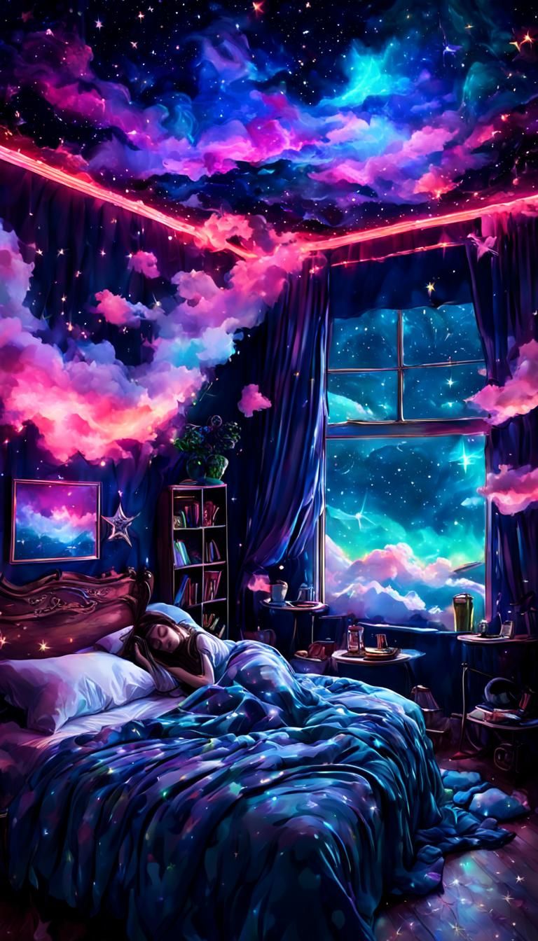 An a young girl asleep dreaming a magical dream in an ethere...