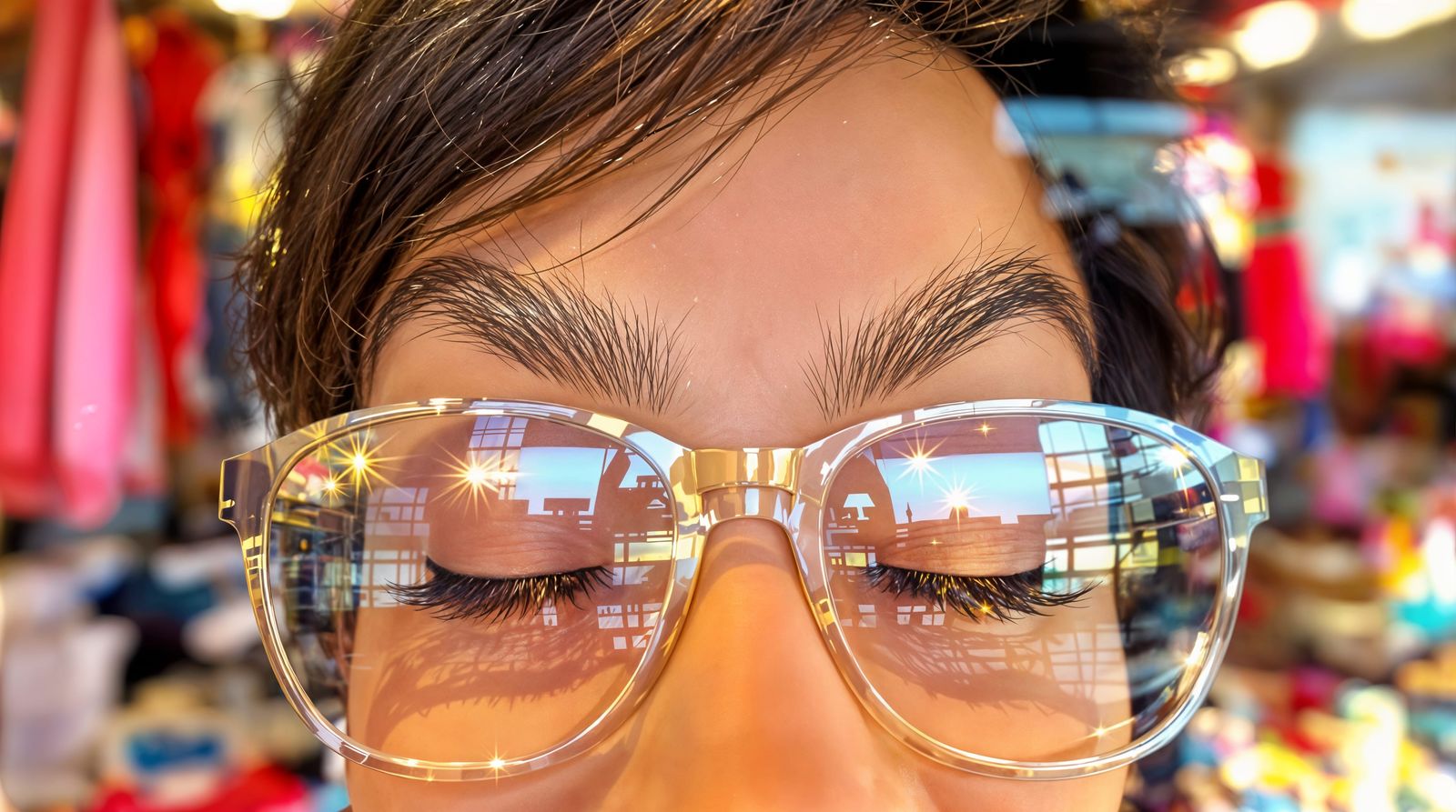 Exaggerated Portrait of a Happy Shopper in Bright Sunlight
