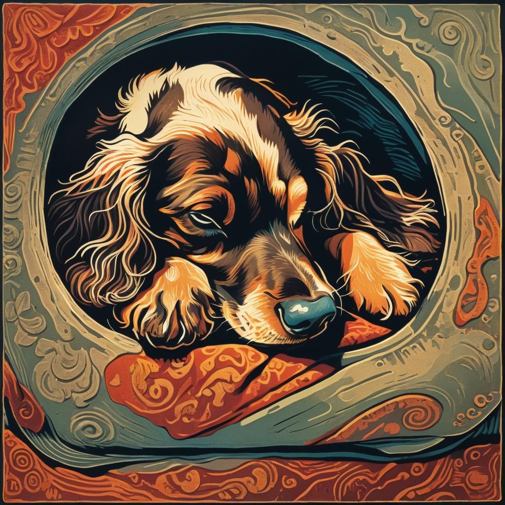 Surreal Cocker Spaniel in Bed, Lino-Cut Print