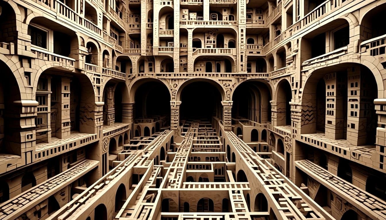 Op Art Temple with Infinite Grids and Naturalistic Colors