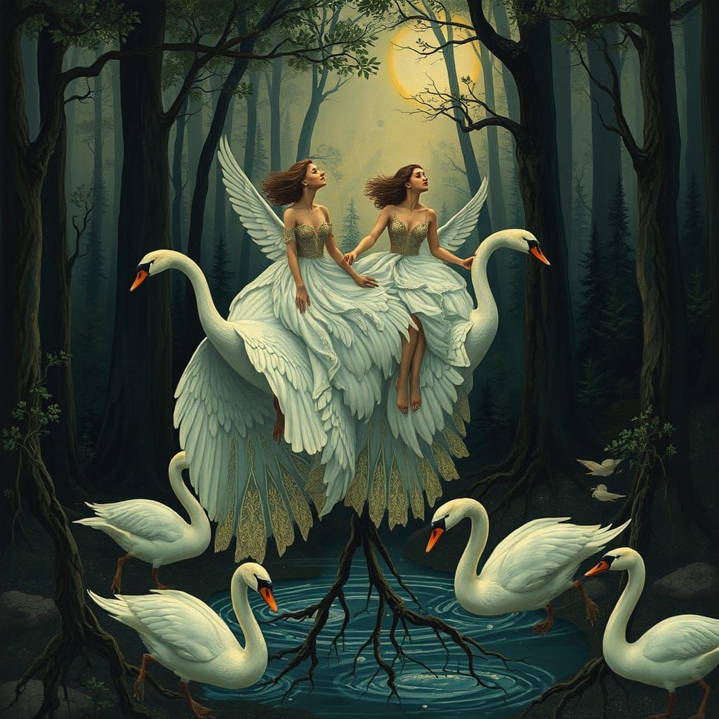 Women in Art Nouveau Gowns Soar on Swans, Weaving Community ...