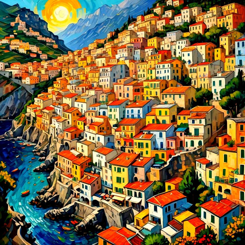 Amalfi Coast Town Painting in Warhol Style