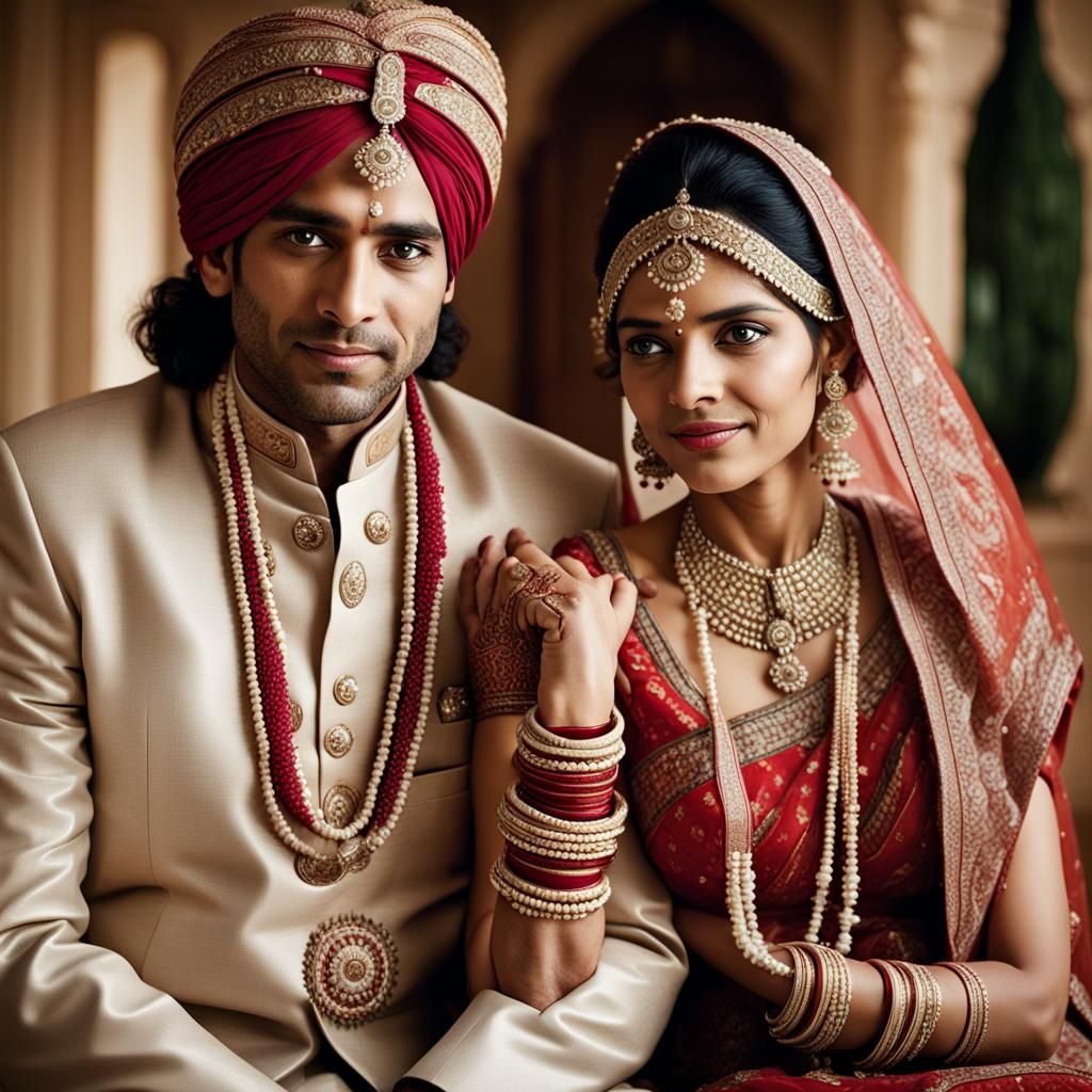 Strikingly beautiful Indian bride and groom in ethnic wear clothes embracing the special occasion with their loved ones ...