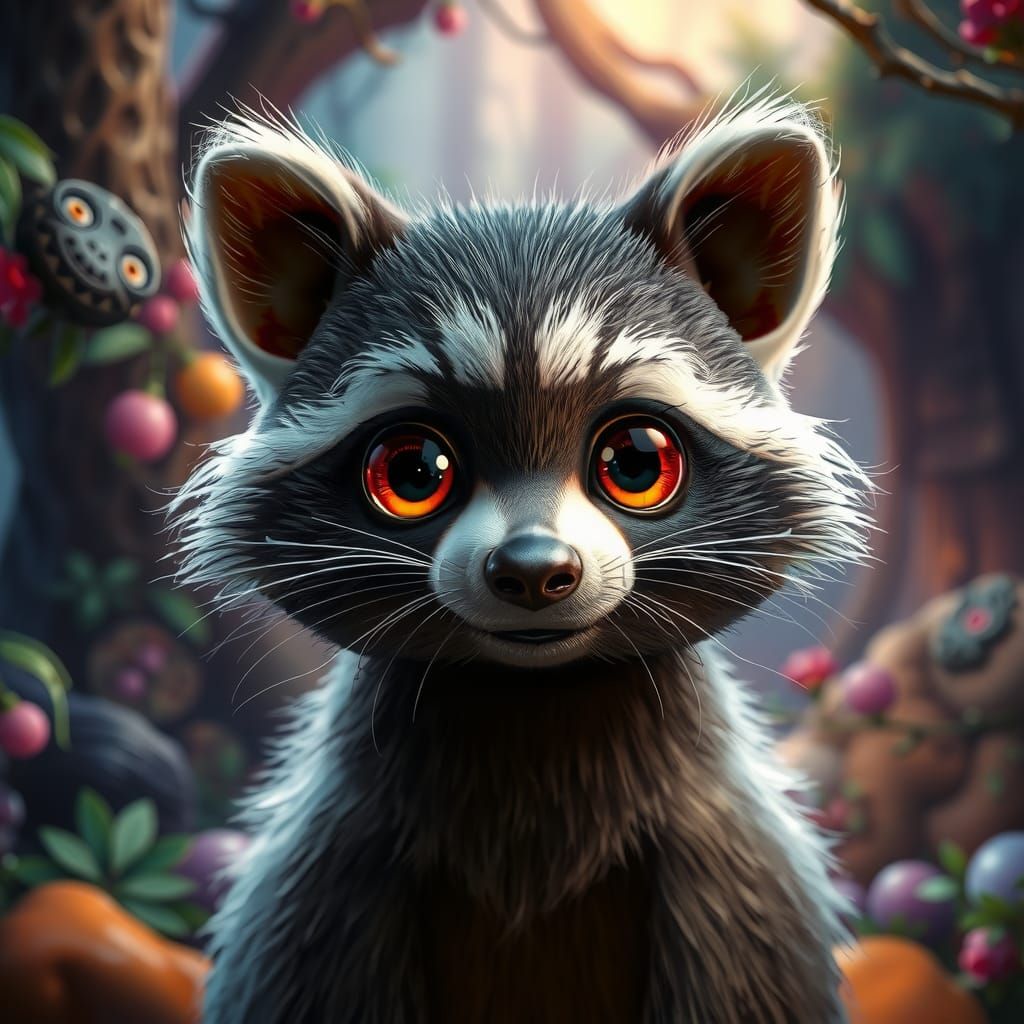 Hyperrealistic Raccoon with Glowing Eyes in Fantasy Forest