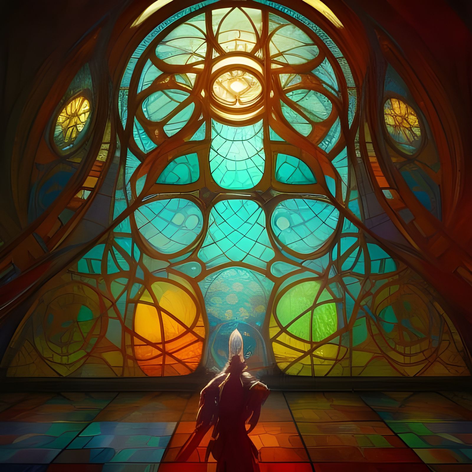 Intricate Stained Glass Labyrinth in Art Nouveau Style