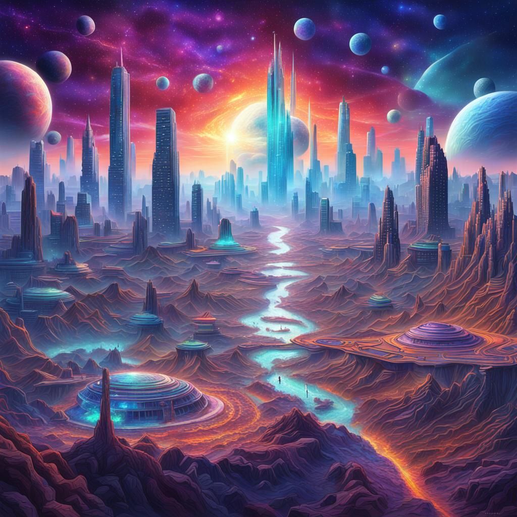 Astral City on Alien Planet in Holographic Style