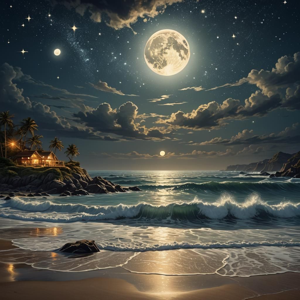 Moonlit Reflections on a Magical Shoreline