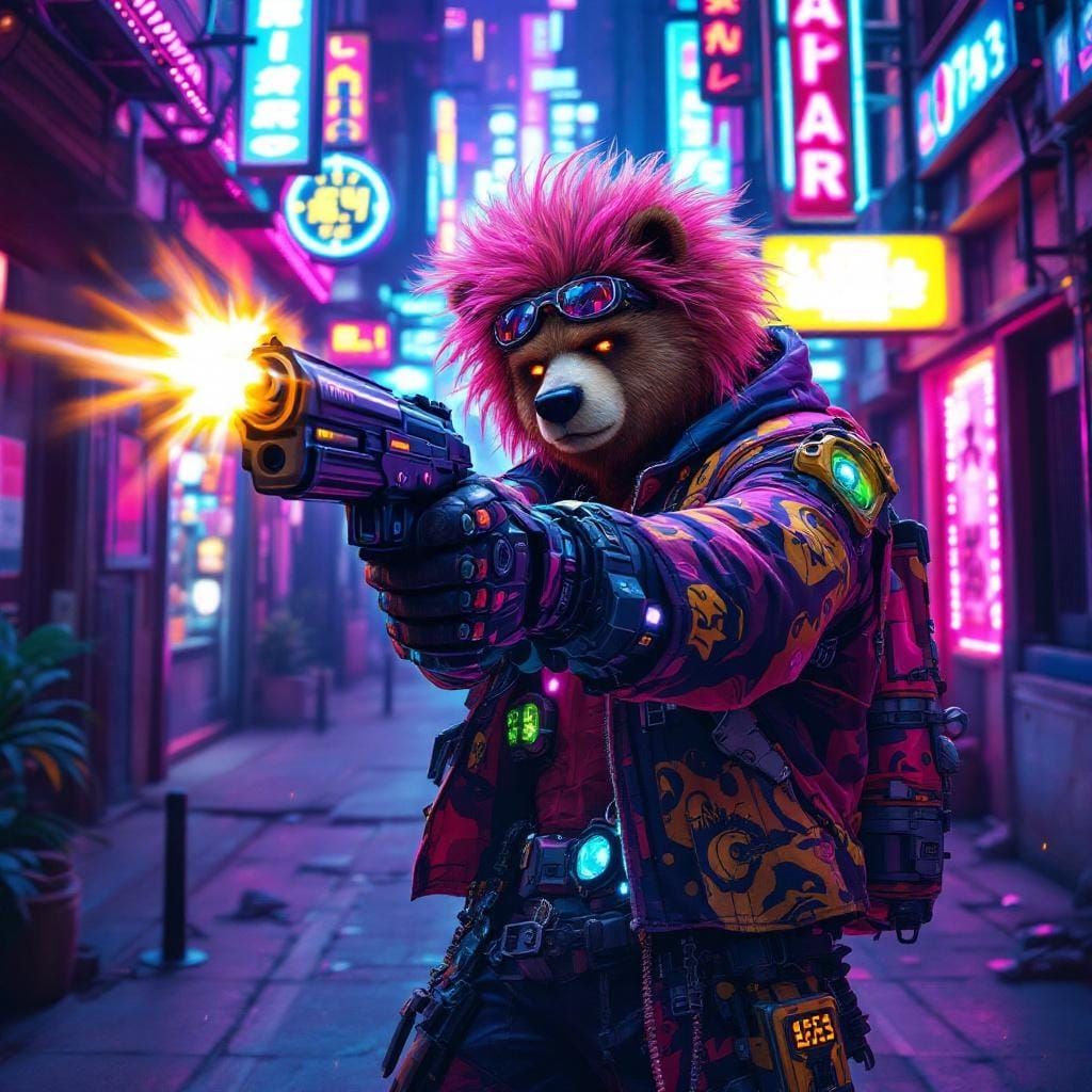 Hair-Bear Cyberpunk Concept Art in Synthwave Style