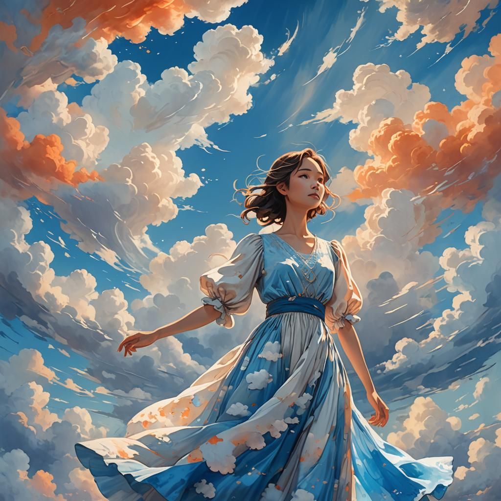 Woman's Sky Dress: Miyazaki-Inspired Concept Art