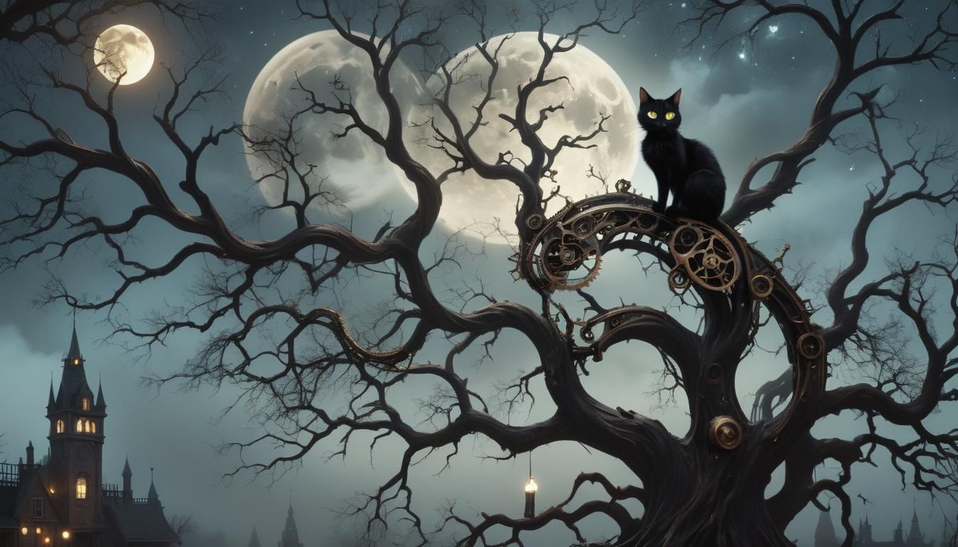 Steampunk Cat and Smartphone Under Celestial Sky