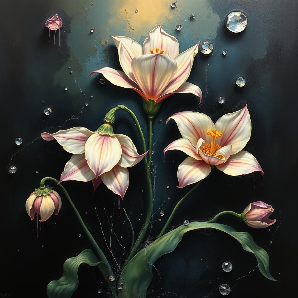 Surreal Gem Flowers Emerge from Darkness: Dali Style