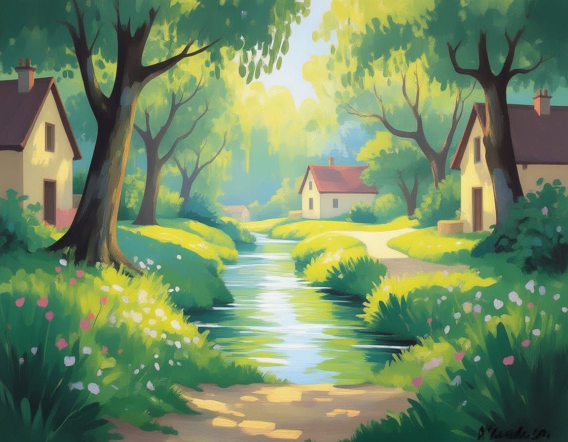 A serene village nestled within a hidden natural sanctuary