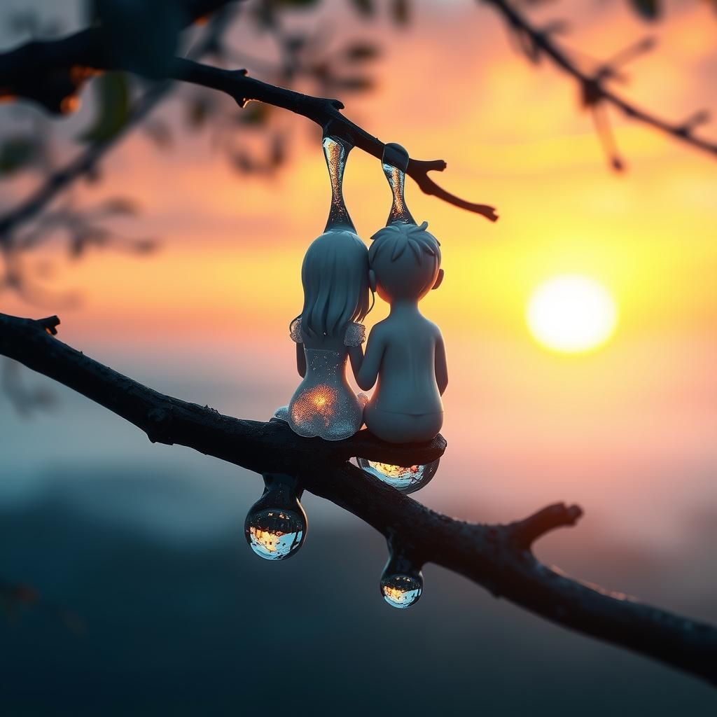 Chibi Figures in Water Droplets Reflect Sunset