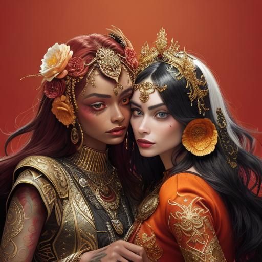 Women with Gold Skin and Peacock Feathers