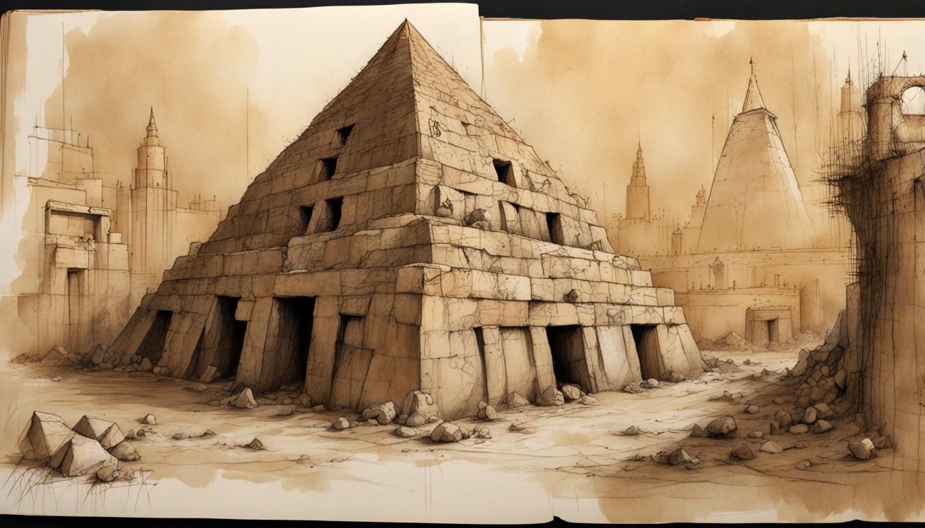 Ancient Egyptian City Ruins: Sepia Sketch