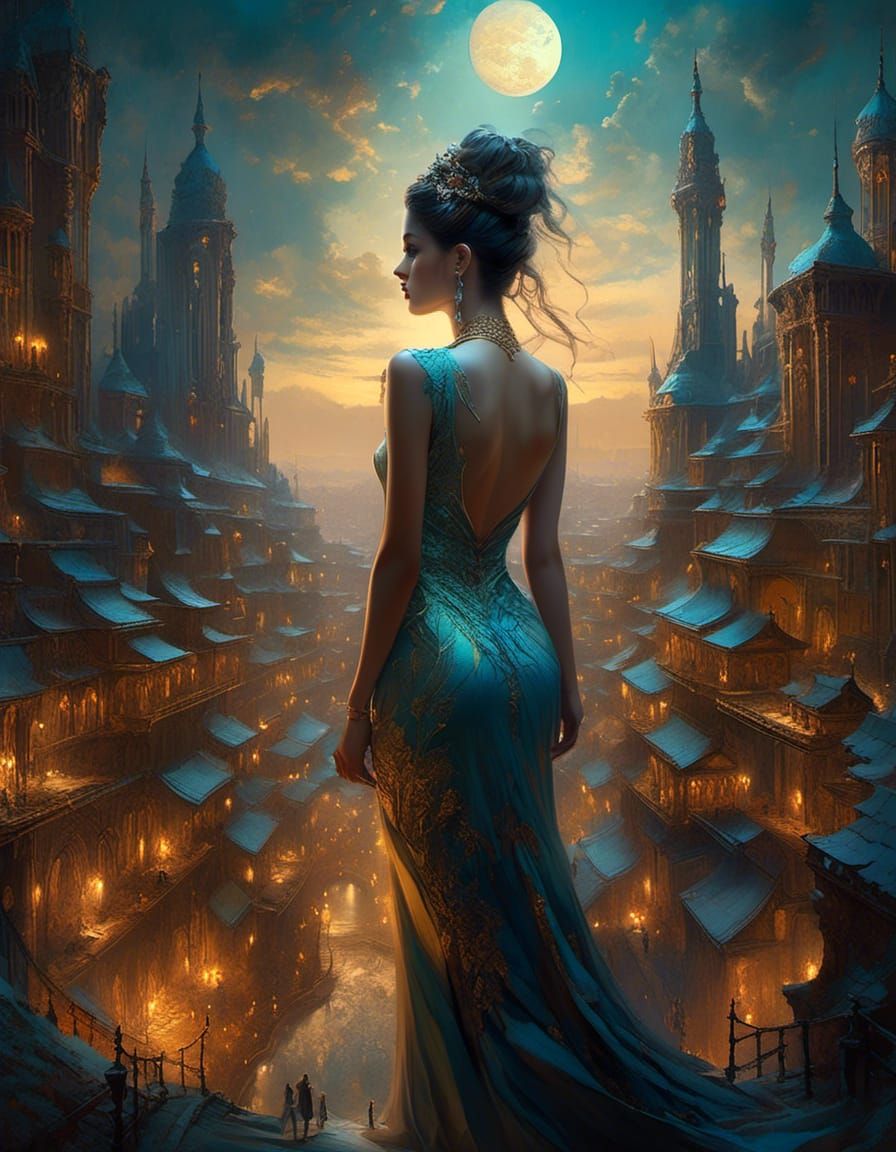 Futuristic Sorceress Overlooking Dystopian Gothic City