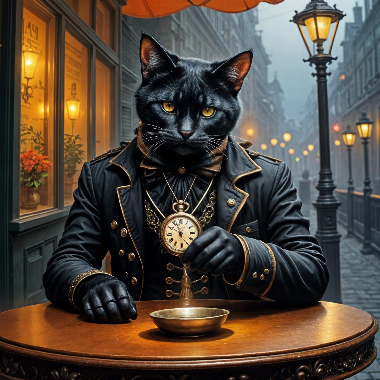 Victorian Cat Checks Watch at Dusk Cafe