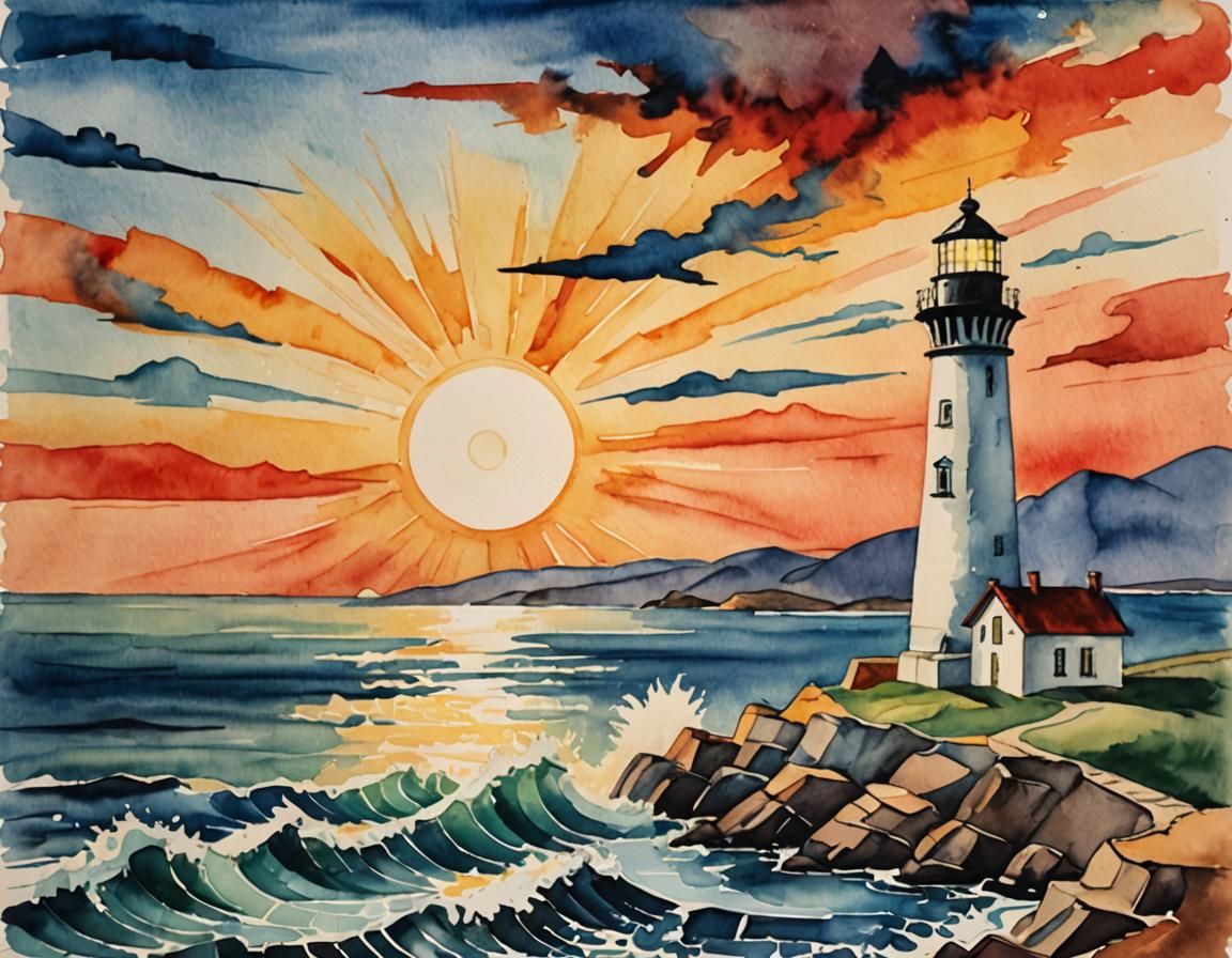 Abstract Lighthouse Sunset in Watercolor Style