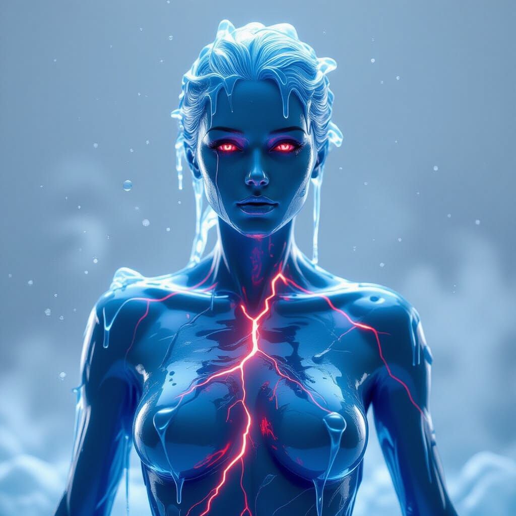 3D Render of Electric Blue Ice Woman with Red Lightning