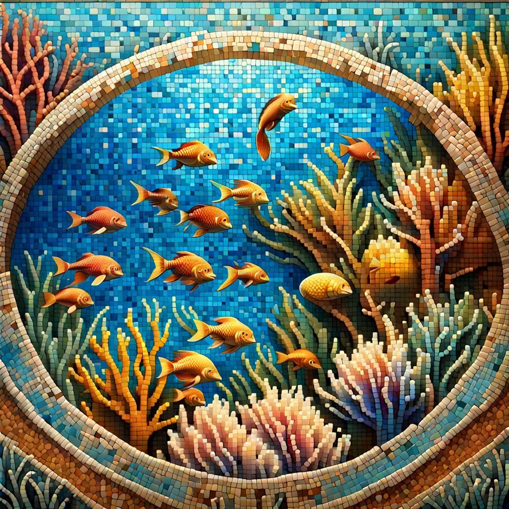 Underwater Coral Reef Mermaid Mosaic in Renaissance Style