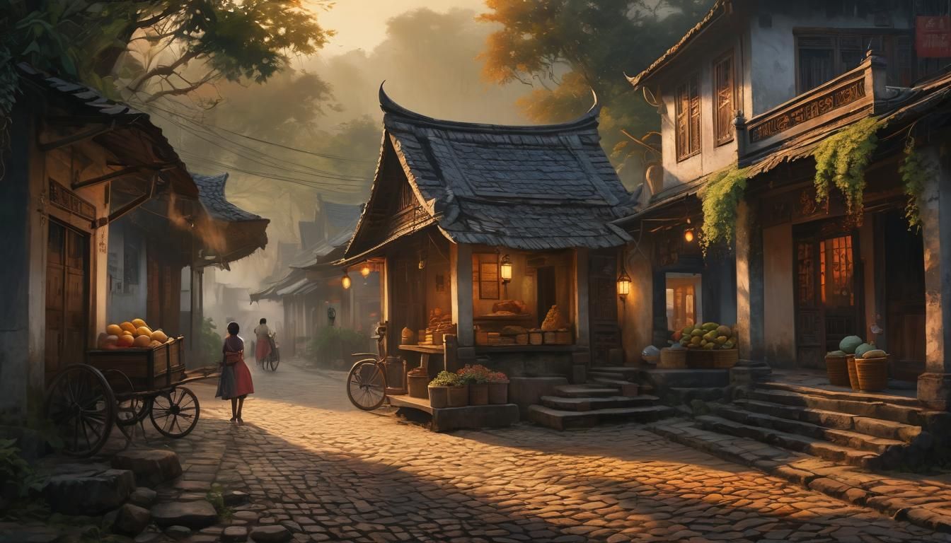 Thai Village Bakery in Rustic Acrylic Painting Style