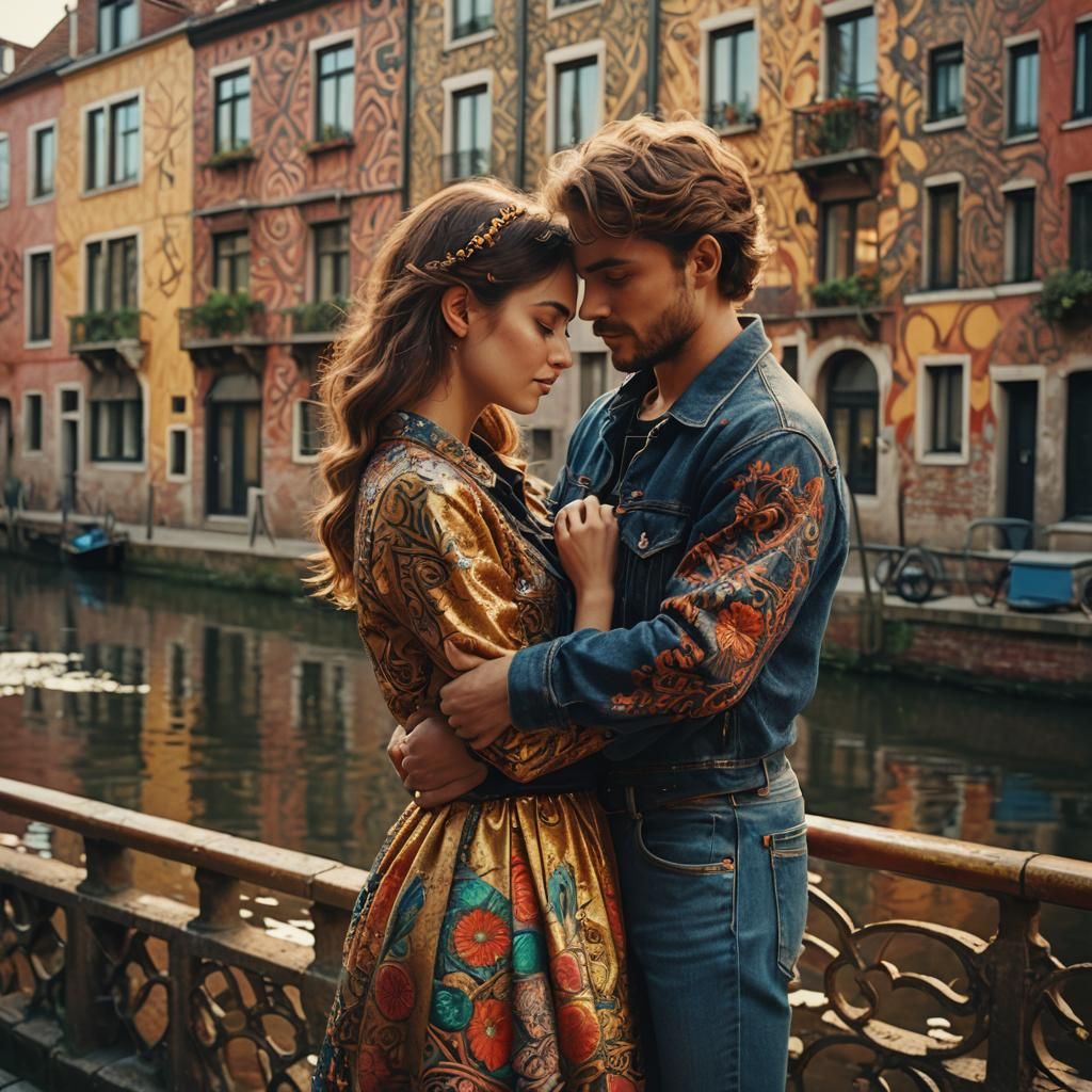 Romantic Couple Embrace by Canal in Golden Light
