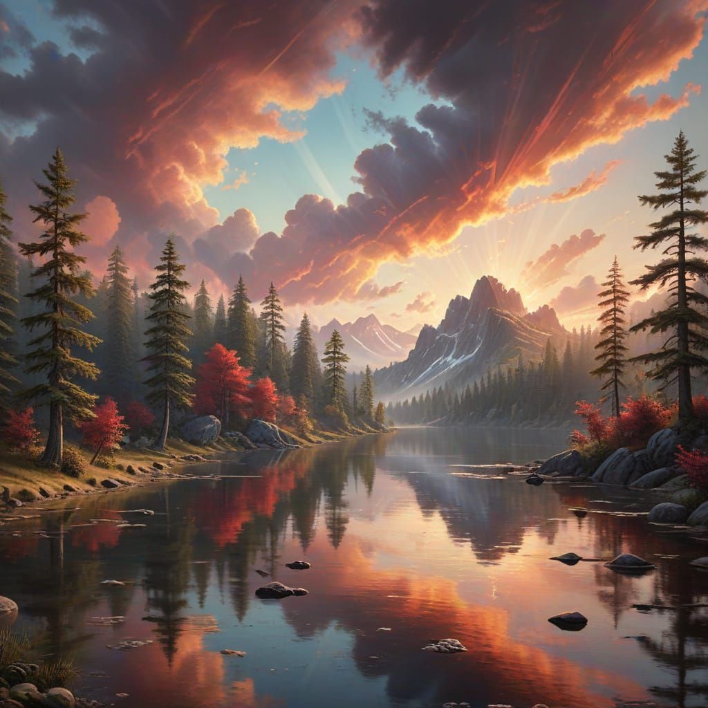 Forest Lake Sunset with Cirrus Clouds and Silhouetted Trees