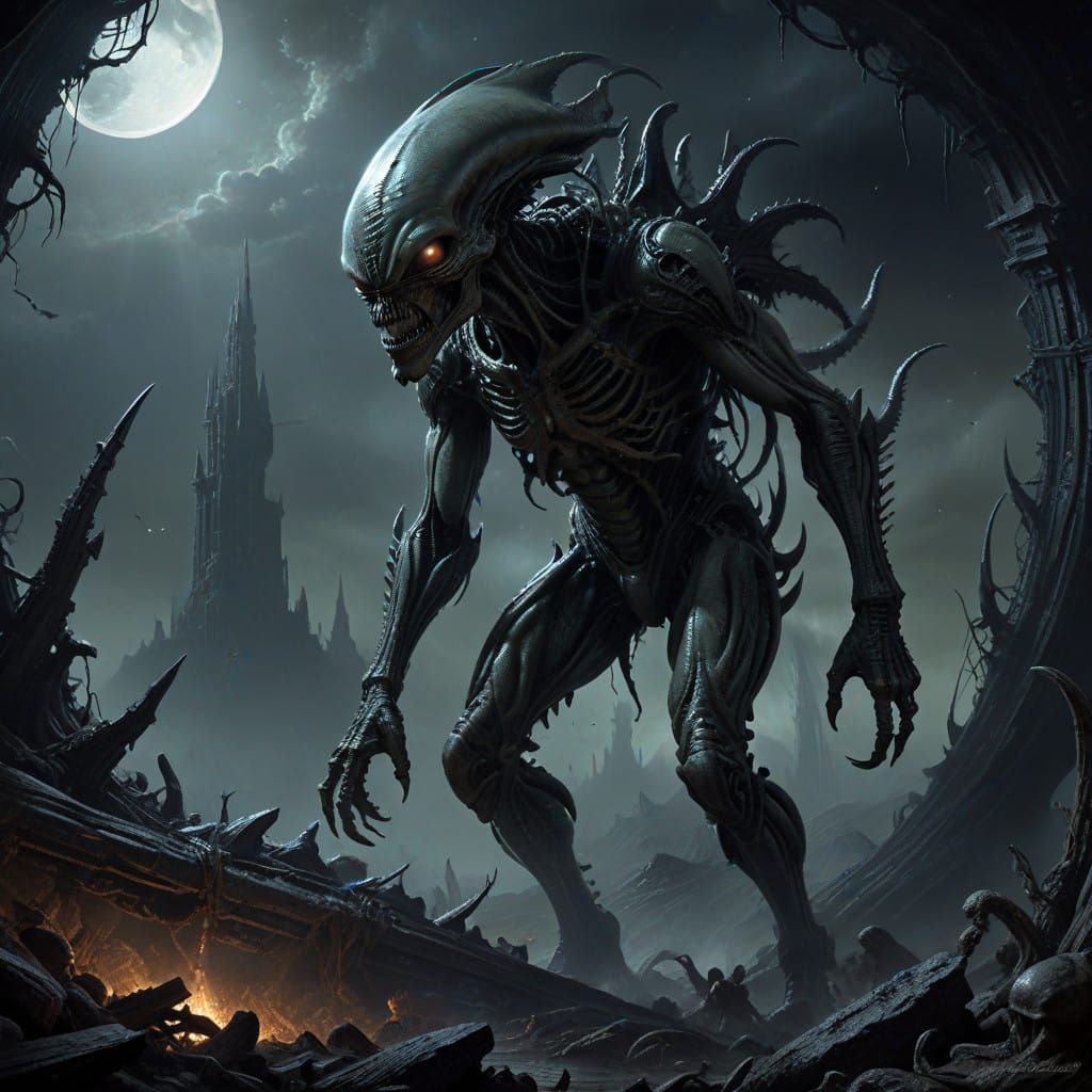 Cyberpunk Alien Encounter in Dark, Industrial Hellscape