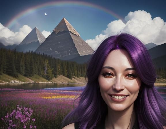 Woman with Purple Hair in Surreal Landscape
