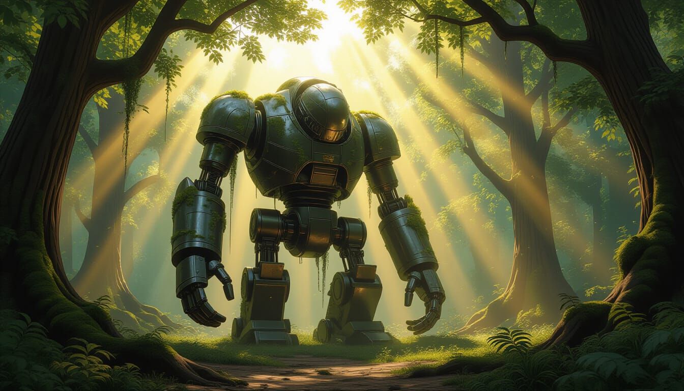 Ancient Automaton in Enchanted Forest Clearing