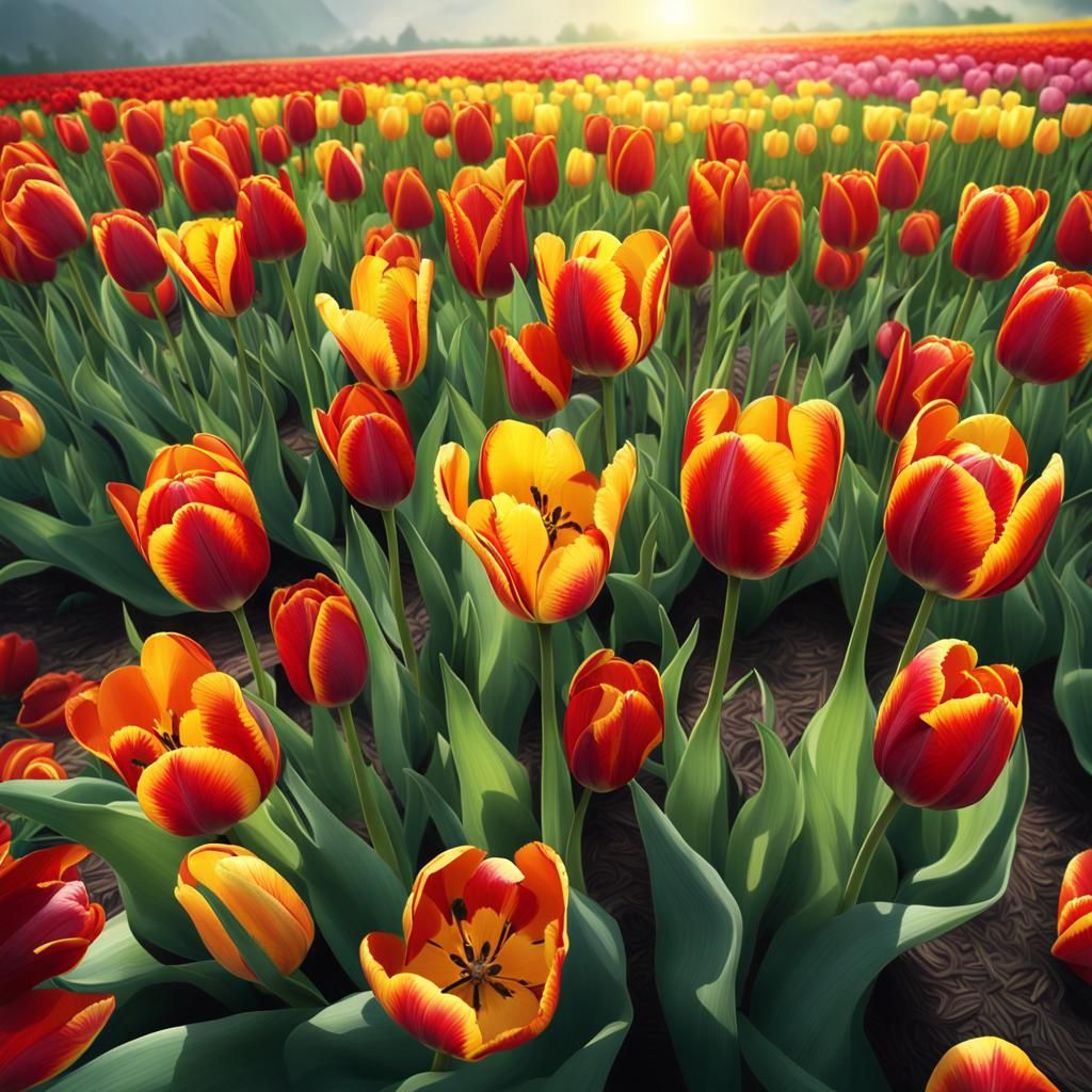 Ladybug's View: Vibrant Tulips in Detailed Digital Painting