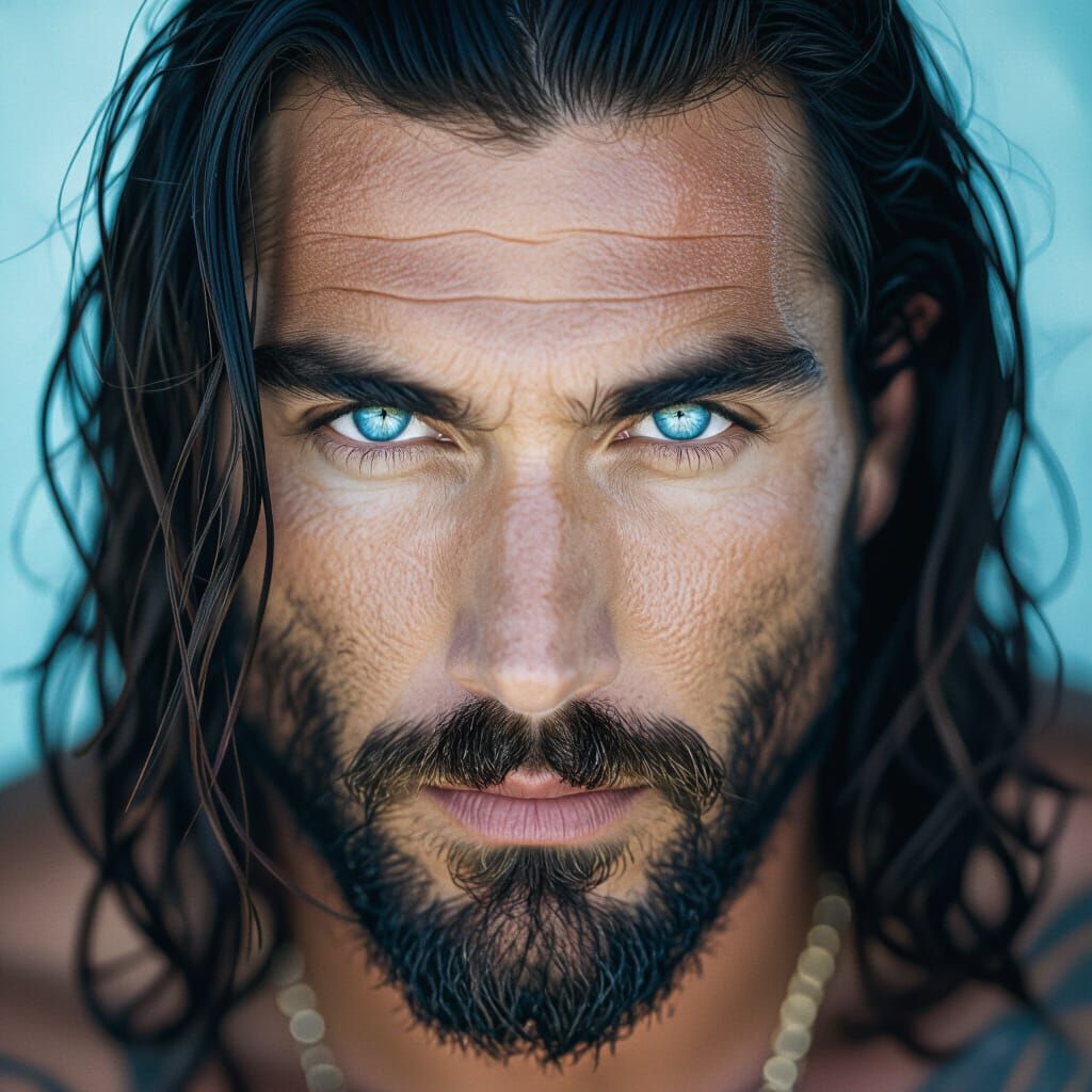 Wise Ancient Man with Piercing Blue Eyes in Cinematic Style