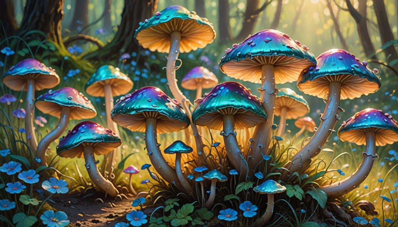 Surreal Iridescent Fungi Bloom in a Dreamy Meadow