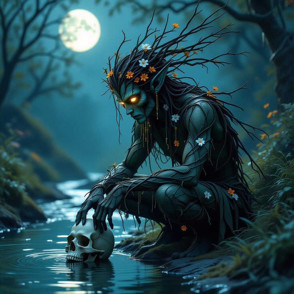Moonlit Fairy with Skull: Ethereal Mystical Art