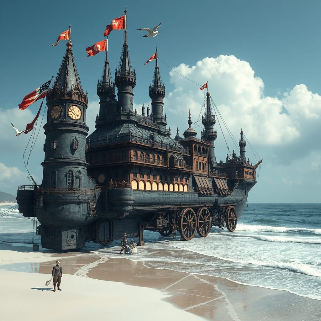 Steampunk Pirate Rolling Cities on the Shore