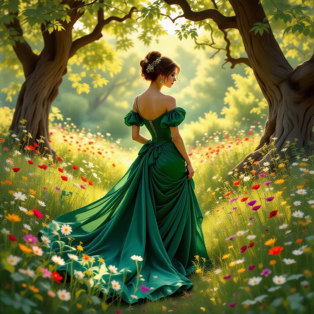 Regency Gown in Sun-Dappled Glade, Art Nouveau Style