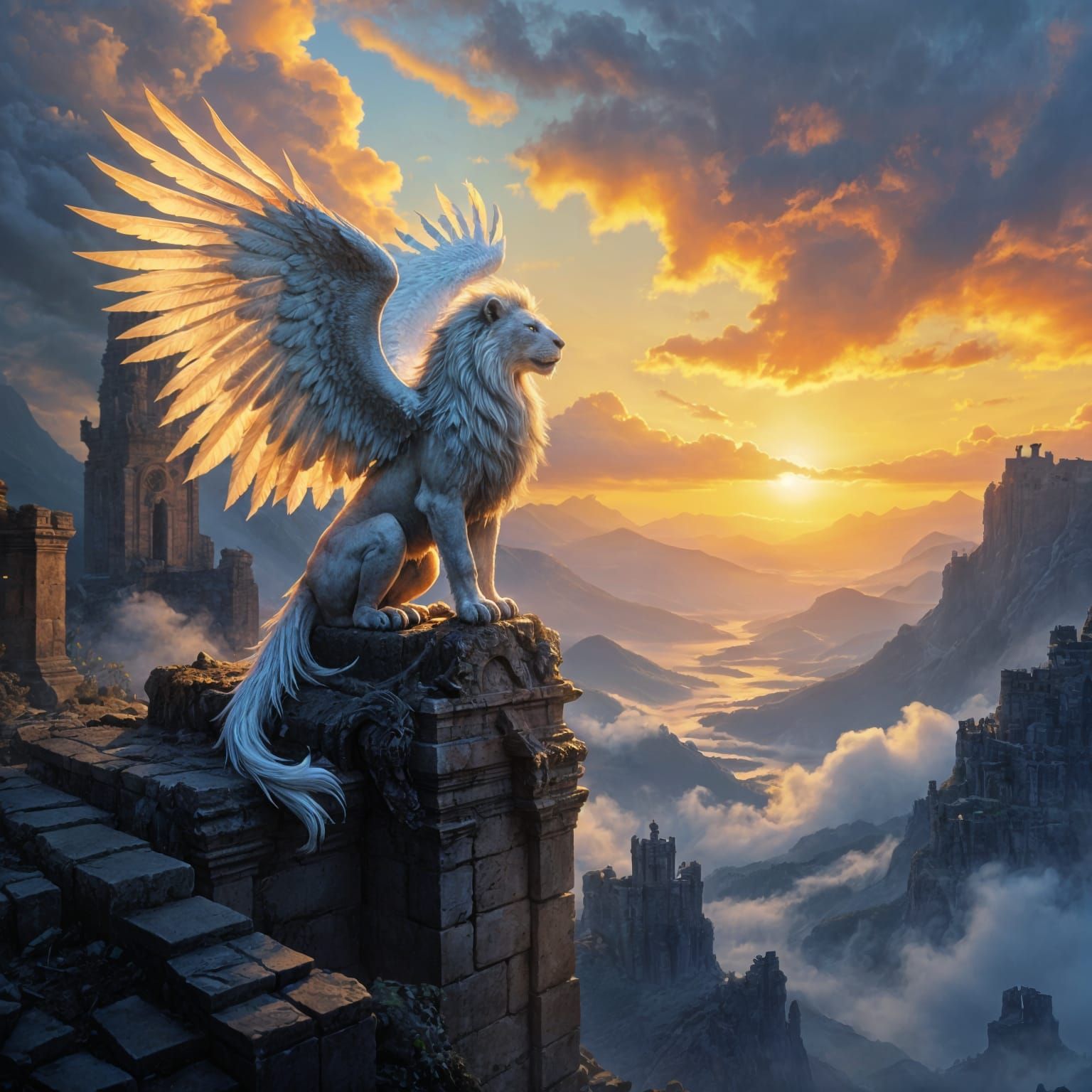 Majestic Griffin on Ancient Ruin at Dawn