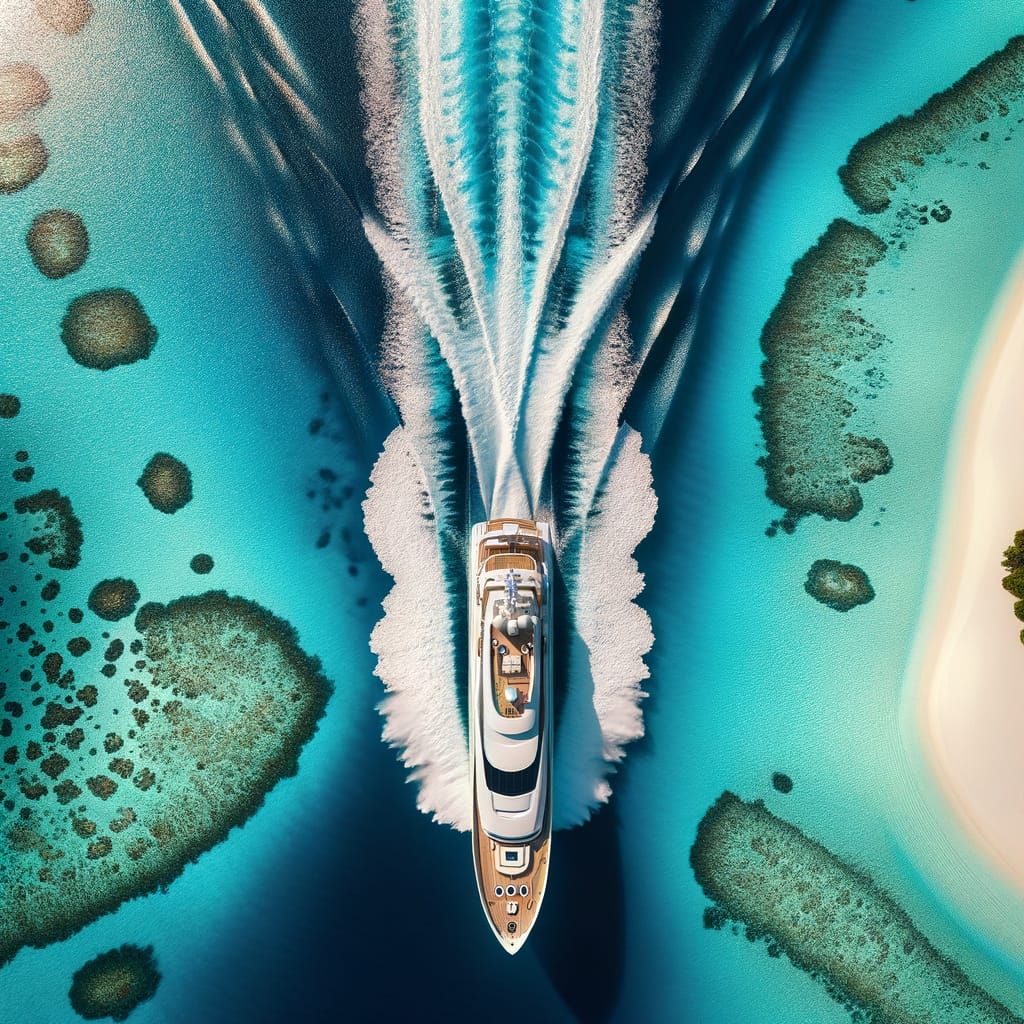 Luxury Yacht Cuts Through Turquoise Waters in Perfect Symmet...