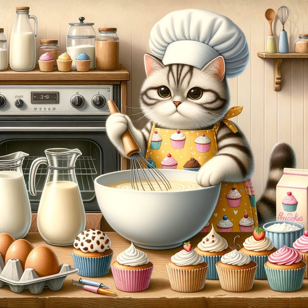 Anthropomorphic Cat Baking Cupcakes in Vintage Kitchen