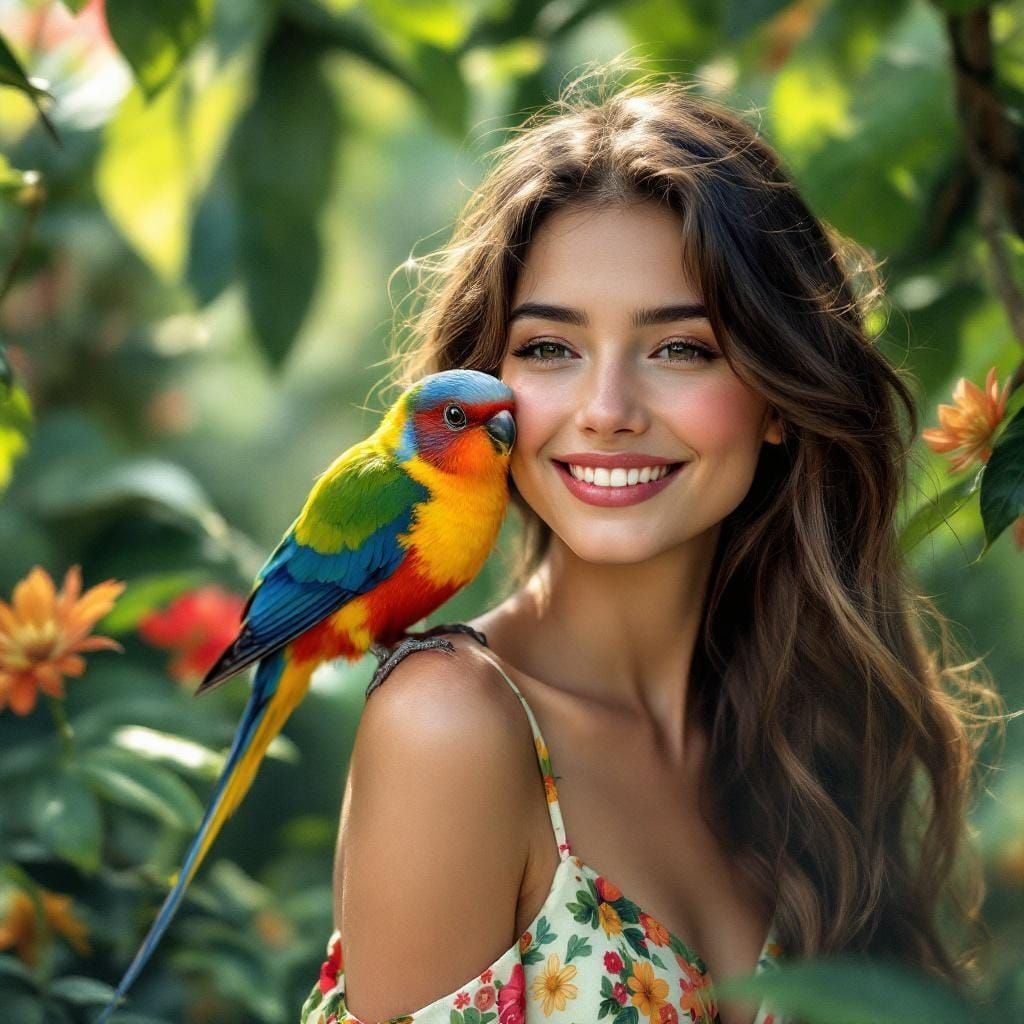 Gouldian Finch and Woman in Art Nouveau Style