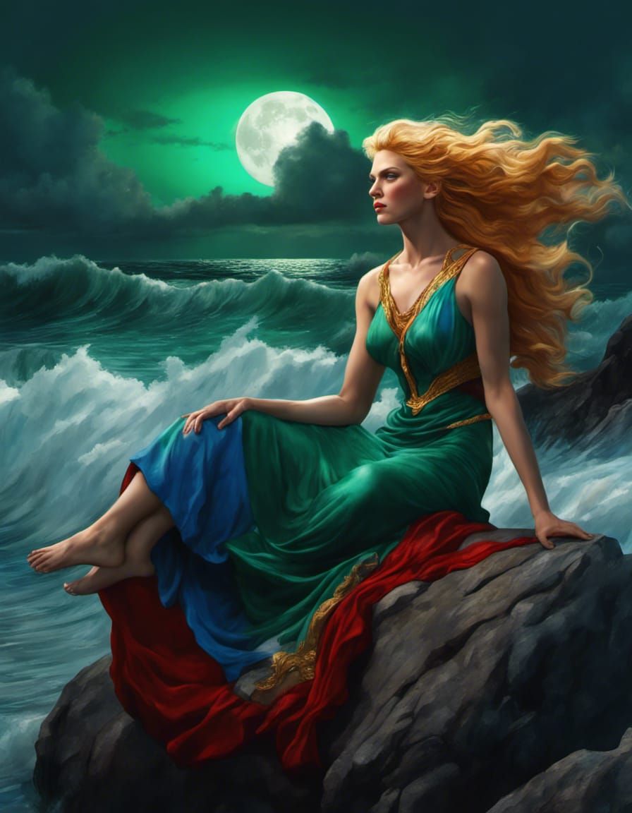 Amazon Woman on Stormy Coast: Hyperrealistic Splash Art