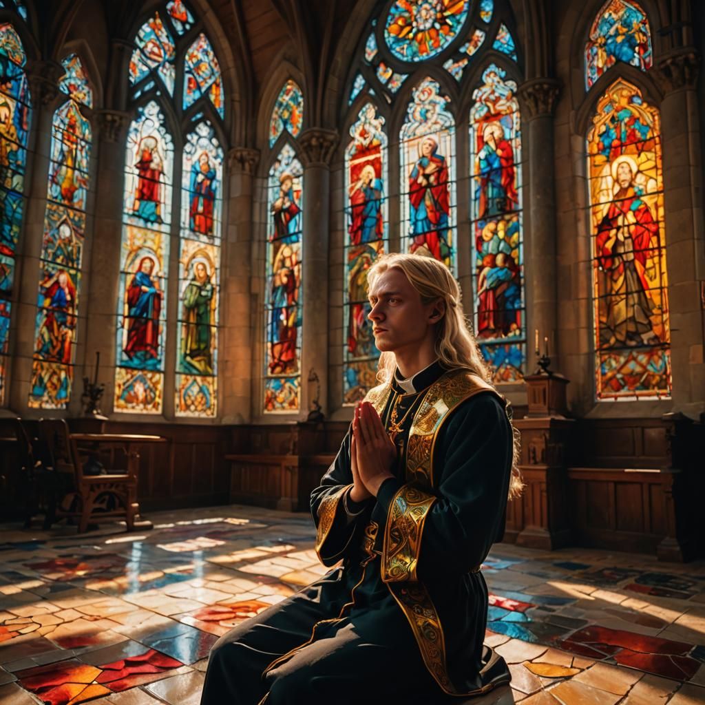 Holy Warrior Praying in Gothic Church, Cinematic Oil Paintin...